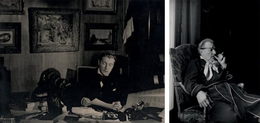 [Sacha GUITRY] 29 photographies, [1930-1939 ?]; tirages argentiques d'époque, formats divers. Guitry à sa table de travail (par Harcourt), regardant ses collections (par Teddy Piaz), donnant une interview, lors d'un dîner de gala, etc.; à Caux Palace dans la neige (1935); autres clichés par Michel Brodsky, Henri Manuel, A. Novaro, Raymond Voinquel... Plusieurs proviennent des archives de Stéphane Prince, secrétaire du Maître. On joint 13 cartes postales, 3 petits formats, et 14 contretypes ou retirages modernes.