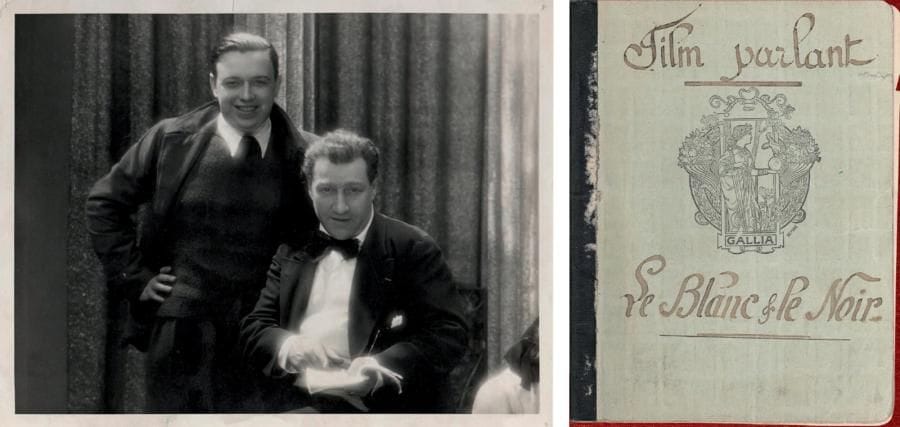 Sacha GUITRY
Le Blanc et le Noir, film parlant, [1930]. Tapuscrit annoté et corrigé (la fin manque), et cahiers manuscrits de régie, novembre-décembre 1930; 135 ff . in-4, et 2 cahiers petit in-4 de 45 et 19 ff . Intéressant dossier sur le tournage du premier film parlant de Sacha Guitry, réalisé par Robert Florey (et l'assistance de Marc Allégret), sur un scénario et des dialogues de Sacha Guitry d'après la pièce créée le 9 novembre 1922 aux Variétés par Raimu, qui tient dans le film le rôle principal, aux côtés de Suzanne Dantès, Irène Wells, Pauline Carton, Monette Dinay, Charlotte Clasis, Alerme, Pauley, Baron fils, Charles Lamy, Louis Kerly, et Fernandel (dont c'est le premier film). Le film sortira sur les écrans en mai 1931. Le scénario est soigneusement établi par le secrétariat de Sacha Guitry, avec le découpage en tableaux (chacun paginé séparément), et les plans et didascalies sur la partie droite de la page et soulignés au crayon rouge. Il s'interrompt après le 82e tableau et l'exclamation de Marcel (Raimu): « Oh !... Nom de Dieu. C'est un nègre !... » À partir du 17e tableau, de nombreuses annotations ont été portées sur le tapuscrit par Georges Lemaire, le fidèle assistant et régisseur de Guitry: indications de mise en scène, des mouvements des personnages, des plans et mouvements de caméra, nombre et minutage de prises sur quelques tableaux, etc.; plusieurs passages des dialogues ont été biffés ou corrigés. Les deux cahiers de régie ont été également tenus par Georges Lemaire, principalement au crayon, et donnent de précieuses indications au jour le jour sur la préparation et le tournage du film aux Studios Billancourt, du 10 novembre au 22 décembre 1930, après les deux premières pages donnant les nom, adresse et n° de téléphone du réalisateur Robert Florey, du compositeur Georges Van Parys, et des acteurs. Le 10 novembre, lecture chez Sacha Guitry; du 12 au 19 novembre, répétitions sur la scène du théâtre de la Madeleine, Guitry venant régler la mise en scène; le