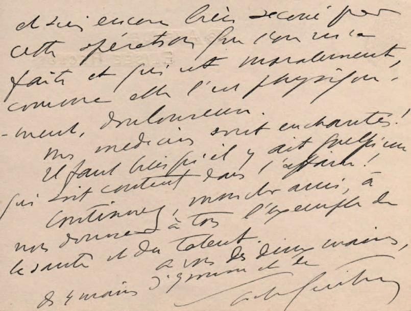 Sacha GUITRY
L.A.S., 18 avenue Élisée-Reclus [juillet 1931], à un cher et admirable interprète [Baron fils ?]; 2 pages obl. in-12. « Dire que je ne vous ai pas encore remercié d'un mot de vous qui pourtant m'a fait tant de plaisir. Vous m'y parliez de Papa et de Frans Hals. Merci de tout coeur. Mon retard à vous le dire a cependant une excuse: j'ai été et suis encore bien secoué par cette opération que l'on m'a faite et qui est moralement, comme elle l'est physiquement, douloureuse. Mes médecins sont enchantés ! Il faut bien qu'il y ait quelqu'un qui soit content dans l'affaire ! Continuez, mon cher ami, à nous donner à tous l'exemple de la santé et du talent »...