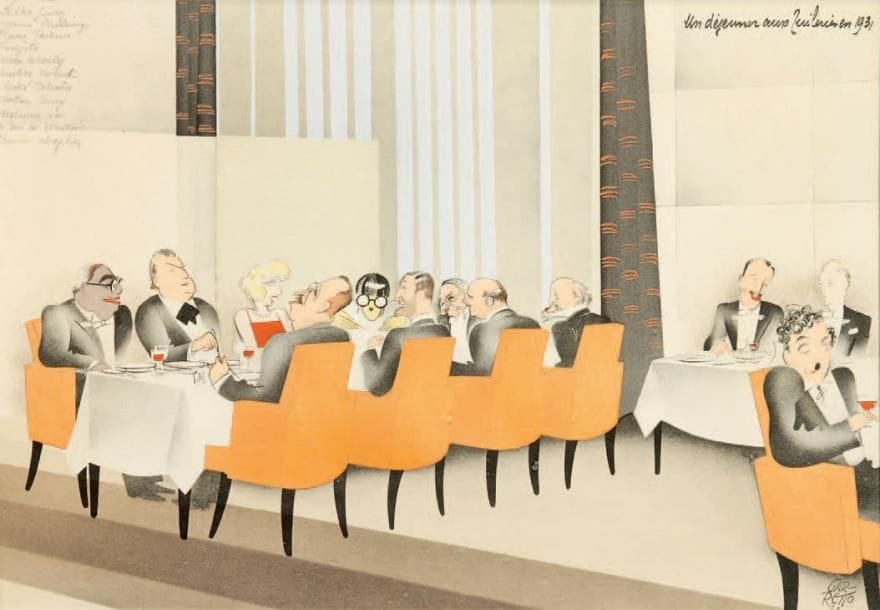 Paolo GARRETTO (1903-1989)
Un déjeuner aux Tuileries en 1931. Lithographie en couleurs. 26,5 x 21 cm. © Aga Kahn, Sacha Guitry, Yvonne Printemps, André Tardieu, Foujita, Max Dearly, Aristide Briand, André Citroën, Wallen Berry, Alphonse XIII, le duc de Windsor, Charlie Chaplin. ABCF p. 151. SGVA 249.