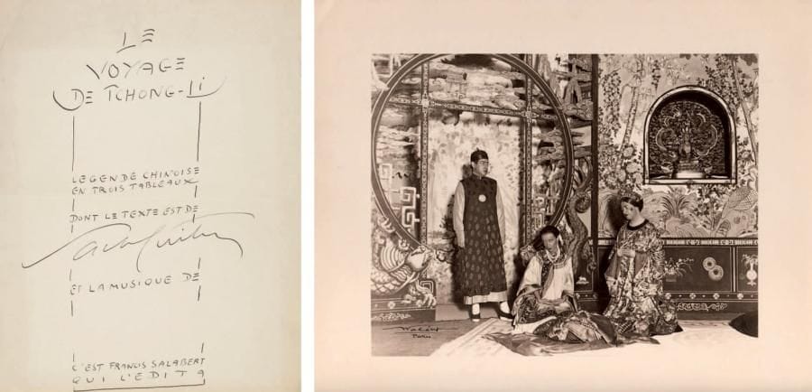 Sacha GUITRY
Le Voyage de Tchong- Li, légende chinoise en 3 tableaux, [1932]. Manuscrit autographe, et 16 photographies. 2 pages grand in-fol., et 16 photographies la plupart 29 x 23 cm environ. Le 14 mars 1932, au Théâtre de la Madeleine, Sacha Guitry créait et jouait trois pièces: Le Voyage de Tchong-Li, légende chinoise en 3 tableaux, musique de Louis Beydts, avec Yvonne Printemps et Pauline Carton, décors d'Émile Bertin. Manuscrit d'un projet de titre pour l'édition de la partition, avec brouillon du début du premier tableau (plus un feuillet joint d'un autre projet de titre). 7 photographies par Waléry (signées par le photographe, avec son cachet au dos), dont une avec Yvonne Printemps, Louis Beydts, Jeanne Lanvin et René Benjamin; et 2 photographies de Guitry seul, signées par Charles Gerschel. Les Desseins de la Providence, comédie en 2 actes. 3 photographies par Waléry (signées par le photographe, avec son cachet au dos); et 3 photographies de Guitry en cardinal, signées par Charles Gerschel. Françoise, pièce en 3 actes. Photographie par Waléry (signée par le photographe, avec son cachet au dos). On joint le programme du spectacle, et article dans Ric et Rac du 26 mars 1932; programme de la répétition générale de Jean III au Théâtre Michel (20 janvier 1932, plus 3 invitations), et article dans Le Miroir du Monde du 30 janvier. ABO p. 96-97.