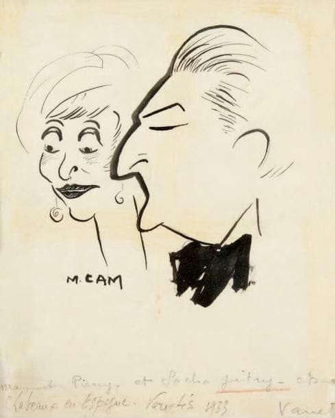 Maurice CAM (1901-1974)
Sacha Guitry et Marguerite Pierry, 1933. Encre de Chine, signée en bas à gauche. 20,5 x 16,5 cm. © Caricature des deux acteurs dans la pièce de Sacha Guitry, Châteaux en Espagne, créée le 5 avril 1933 aux Variétés; l'auteur incarnait le peintre Jean Larmandie, et Marguerite Pierry l'actrice Marie Fournier. Luxembourg 376.