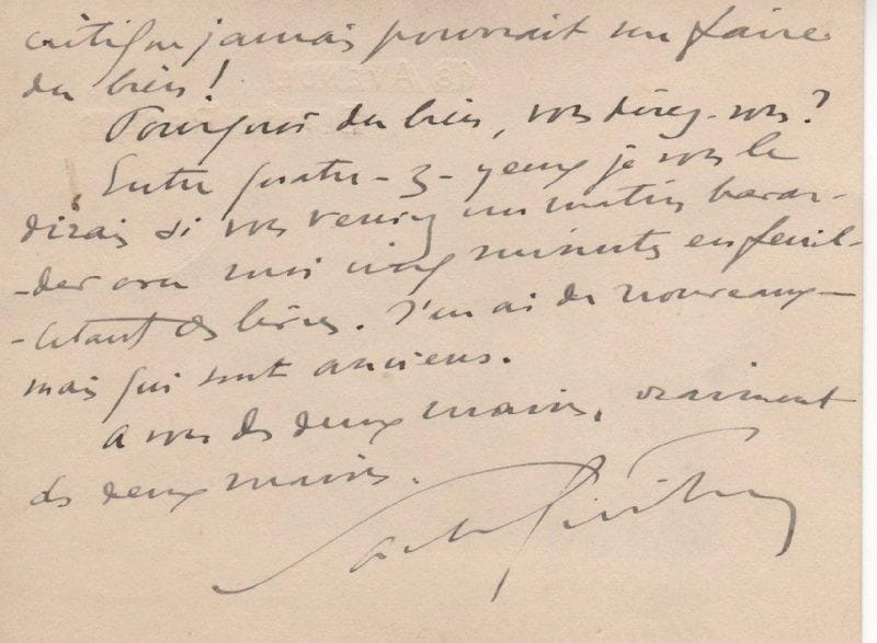 Sacha GUITRY
L.A.S., 18 Avenue Élisée-Reclus [20 avril 1933], au critique dramatique Lucien Dubech; 2 pages obl. in-12, enveloppe. Il le remercie de son article: « cet article sur moi-même, plus que sur notre Revue, m'a fait mieux que plaisir: il m'a fait du bien ! Et j'étais à mille lieues de penser qu'un critique jamais pourrait me faire du bien ! Pourquoi du bien, vous direz-vous ? Entre quatre-z-yeux je vous le dirais si vous veniez un matin bavarder avec moi » et feuilleter ses livres anciens... On joint le manuscrit a.s. d'une chronique dramatique de Lucien Dubech, Le Valet Maître (7 mars 1938; 15 p. in-8 sur papier vert, pour Candide), en partie consacrée à La Troisième Chambre et à la reprise du Comédien.