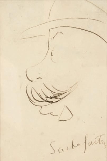 Sacha GUITRY
Tête d'homme. Dessin original à la plume, signé en bas à droite. 15 x 10,5 cm (coin supérieur droit coupé). © Profil d'un homme moustachu, coiffé d'un chapeau