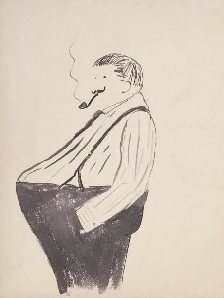 Sacha GUITRY
Homme au gros ventre, [vers 1906]. Dessin original à la plume et lavis. 30,5 x 25,5 cm. Cet homme au gros ventre, le pantalon retenu par des bretelles, et fumant la pipe, est proche des dessins de l'album Le Taureau, le Veau... (1906).