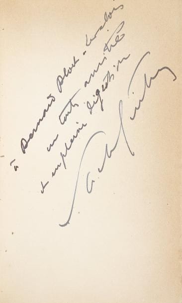 Sacha GUITRY
Chez les Zoaques, comédie en trois actes. Le Kwtz, drame passionnel en un acte (P.-V. Stock, 1907). In-12, rel. demi-maroquin bleu à coins. Édition originale des premières oeuvres publiées de Sacha Guitry: l'acte Le Kwtz créé au théâtre des Capucines le 14 avril 1905, et Chez les Zoaques, créé le 3 novembre 1906 par Charlotte Lysès au théâtre Antoine. Envoi autographe signé à Bernard Bloch-Levalois, ami intime de Sacha Guitry (riche marchand de biens, il rachètera à Charlotte Lysès en 1922 le manoir d'Yainville, Chez les Zoaques): « à Bernard Bloch-Levallois / en toute amitié / et en pleine digestion / Sacha Guitry ». Ex-libris Bernard Bloch-Levalois.