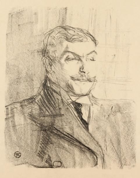 Henri de TOULOUSE-LAUTREC (1864-1901)
Lucien Guitry, [1898]. Lithographie, épreuve sur vélin, monogrammée en bas à gauche. 30 x 25 cm. © Planche extraite du portefeuille Portraits d'Acteurs & d'Actrices, treize lithographies (Wittrock 259). Luxembourg 454.
