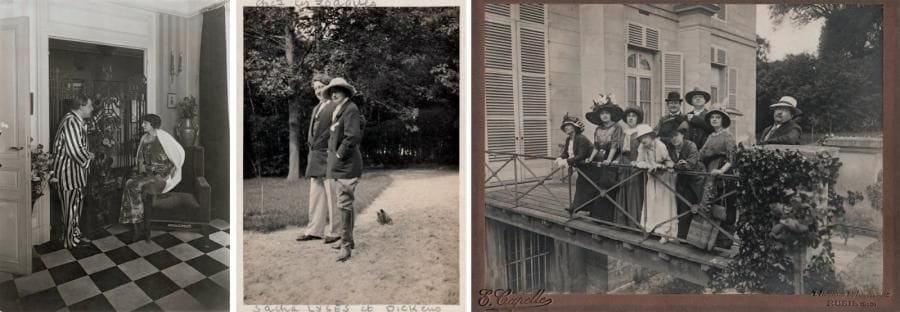 [Charlotte et Sacha GUITRY]
3 Photographies, [1907-1913]; tirages argentiques d'époque. Charlotte et Sacha Guitry chez eux, 8 rue d'Anjou; Sacha est en pyjama rayé (photographie Henri Manuel, avec cachet encre au verso; 23,3 x 17,2 cm). Avec des amis à la Malmaison: Andrée Mégard, Yvette Cambell, Jeanne Fusier-Gir, Charlotte, Firmin Gémier, Suzanne Després, Sacha, Mme Tourneur et Jean Ajalbert (photographie E. Capelle à Rueil, sur carte à son nom; 18 x 24 cm). Charlotte et Sacha avec le chien Dickens dans le parc de Chez les Zoaques, à Yainville-Jumièges (11,3 x 8,5 cm). On joint 2 retirages: Charlotte et Sacha chez eux; avec Maggie Gauthier, Paul Clerget et Antoine. ABO p. 36.