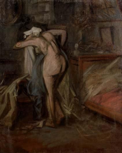École MODERNE, dans le goût de Jean-Louis FORAIN
Femme à sa toilette Huile sur toile. Restaurations. 73 x 60 cm Provenance: Madeleine Horsh, avril 1956.