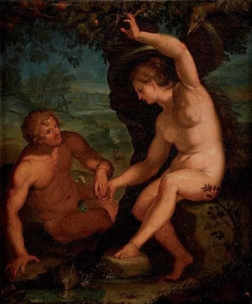 ÉCOLE FLAMANDE du XVIIe siècle
Adam et Eve Toile. 47 x 39 cm Restaurations.
