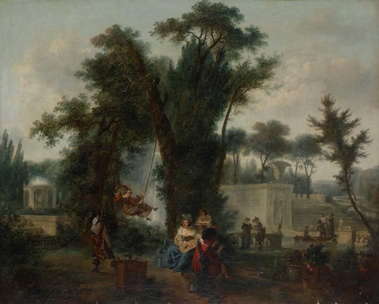 Jean Loius DEMARNE (Bruxelles 1752 - Paris 1829)
Les jeux dans un jardin Sur sa toile d'origine. Accident. 59 x 72,5 cm