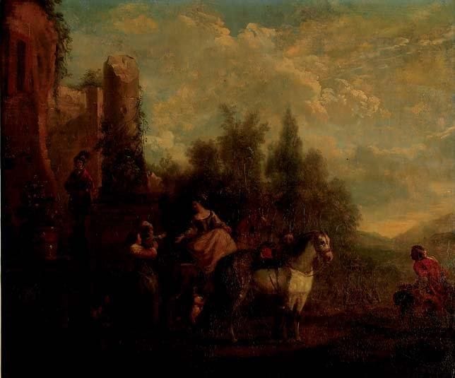 Attribué à Jean-Louis DEMARNE (Bruxelles 1752 - Paris 1829)
Le départ de la belle dame Toile. 51 x 60 cm
