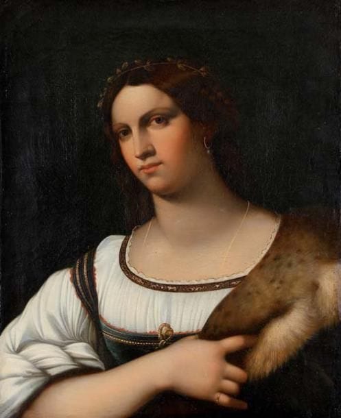 École FLORENTINE d'après Sebastiano del PIOMBO
La Fornarina Sur sa toile d'origine. Inscription sur le châssis: Établissement Pisani / Florence 1846. Daté au revers de la toile 1846. Reprise de la toile (66 x 53 cm) conservée au musée des Offices à Florence (voir C. Volpe, M. Lucco, L'opera completa di Sebastiano) del Piombo, Milan, 1980, n° 36, reproduit en couleur planche XXIV). 67 x 53 cm