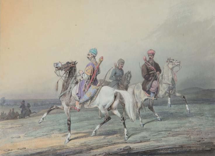 Noël-Dieudonné FINART (1797 - 1852)
Tartares de Crimée, 1829 Gouache. Signée et datée vers le bas à droite. 16 x 22,5 cm