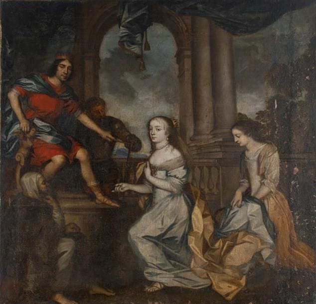 Attribué à Martin MYTENS (1648 - 1736)
Salomon recevant la reine de Saba Toile. Sans cadre. Restaurations et manques. 125 x 127 cm