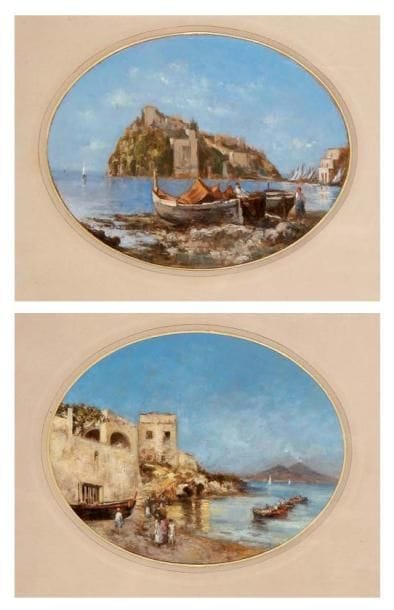 Consalvo CARELLI (1818 - 1900)
Vue du Vésuve - Veduta di Caponi Deux huiles sur carton à vue ovale. 16 x 21 cm.