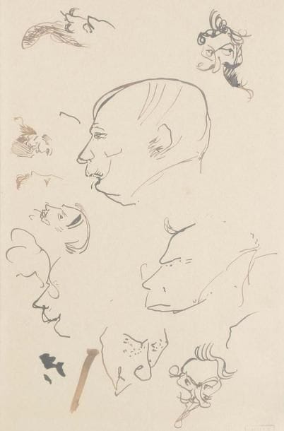 Henri de TOULOUSE-LAUTREC (1864 - 1901)
Feuille de têtes, vers 1895 Dessin à l'encre, porte le timbre de la collection Thadée Natanson en bas à droite. 29 x 19 cm Provenance: Ancienne collection Thadée Natanson. Vente Hôtel Drouot Paris, cent-vingt dessins par Toulouse Lautrec, 26 novembre 1953, partie du N° 139 du catalogue de la vente. Exposition: Galerie Maeght, Paris, avril - mai 1966. Bibliographie: Un H. de T. Lautrec par Thadée Natanson, Cailler Editeur, Genève, 1952 reproduit page 162. Toulouse-Lautrec et son oeuvre par M.G Dortu, publiés par Collectors Editions, New-York, 1971, décrit et reproduit pages 670 et 671 sous le N° D. 3.944 tome VI.
