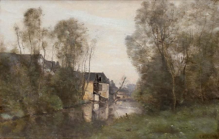Jean-Baptiste Camille COROT (1796 - 1875)
Voisinlieu près Beauvais - Maisons au bord de l'eau avec un arbre penché Huile sur toile, signée en bas à droite 28,5 x 43 cm. Au dos une lettre de Corot: «Je vous envoie mon petit souvenir que j'accompagne des souhaits que je fais pour votre bonheur à tous trois. Recevez, Madame, l'assurance de mes sentiments affectueux. Ce jeudi, 31 X 1863.» Provenance: Ancienne collection Pétrel Vente Hirsch, 7 décembre 1912 Vente Paris, 24 mars 1952 Bibliographie: L'oeuvre de Corot, Catalogue raisonné et illustré par Alfred Robaut, H. Floury, Editeur, Paris, 1905, décrit et reproduit pages 310 et 311 sous le N° 1013 (avec comme date 1855 - 1865)