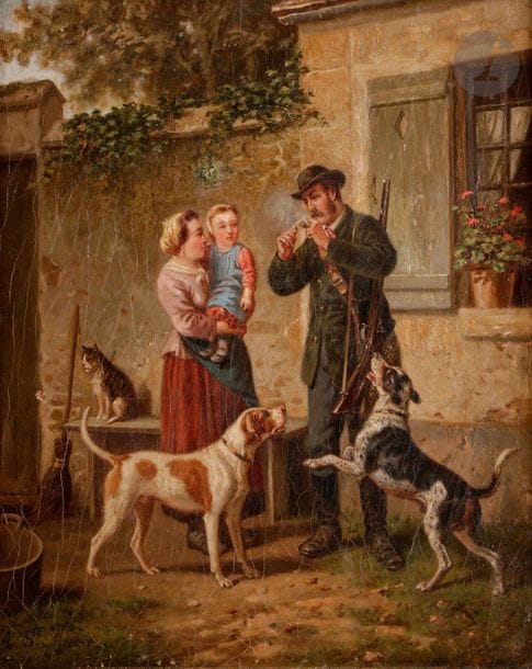 Alfred SAINTE MARIE (actif de 1853 à 1870) 
Chasseur fumant sa pipe, partant pour la chasse
Huile sur toile signée en bas à gauche (un petit accident).
Important cadre en stuc doré. 
41 x 33 cm 
Avec cadre : 66 x 59 cm 
B.E. 