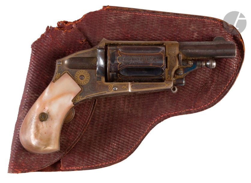 Revolver Hammerless Bulldog, cinq coups, calibre 6 mm Velodog.
Détente pliante. Plaquettes de crosse en nacre.
Finition bleuie dorée.
On y joint une carcasse de revolver Hammerless.