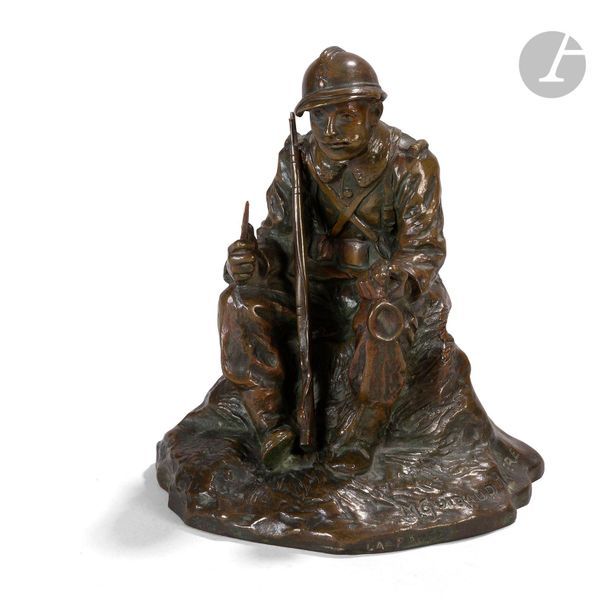 Maurice gUIRAUD-RIVIèRE (1881-1947)
La pause. Poilu, 1914-1918
Épreuve en bronze à patine brune signée à la base.
Hauteur : 18 cm
Marque et cachet fondeur « Susse Fes Edte Paris ».
