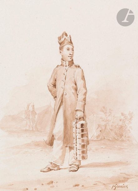 Francois GRENIER (1793-1867)
Fantassin en tenue de corvée vers 1820
Lavis d’encre, signé en bas à droite. 
17 x 12 cm
A.B.E.