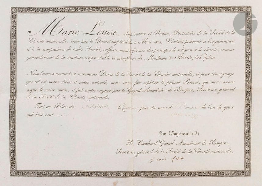 Rare brevet de dame de la Société de la Charité maternelle
Sur vélin. Au nom de Madame de Bradi née Caylan (1782 / 1847) 
Fait aux Tuileries le 15 décembre 1811. 
Signatures de l’impératrice Marie-Louise et du cardinal Fesch.
37 x 27 cm 
B.E. 

 BRADI (Agathe-Pauline Caylac de Caylan, comtesse de), née à Paris en 1782, fut élevée par son père, capitaine de cavalerie, avec toute la rudesse d’une éducation militaire, et dès l’enfance il la força à contracter l’habitude d’un travail de tête , tandis que sa mère l’obligeait à travailler de ses mains. Née avec des inclinations religieuses, elle fit toujours en sorte de conformer ses actions à sa croyance. Mariée à dix -sept ans au comte de Bradi, descendant d’une ancienne et noble famille corse, elle suivit son mari en Italie, et fut blessée d’un éclat d’obus au siège de Gênes.
 
Devenue mère, et s’étant retirée dans le château de Rebrechien, près d’Orléans tout ce que l’étude la plus assidue peut développer de facultés fut consacrée à ses enfants; la perte de sa fortune la détermina seule à publier ce qu’elle écrivait. Ce fut un succès en libraire. 