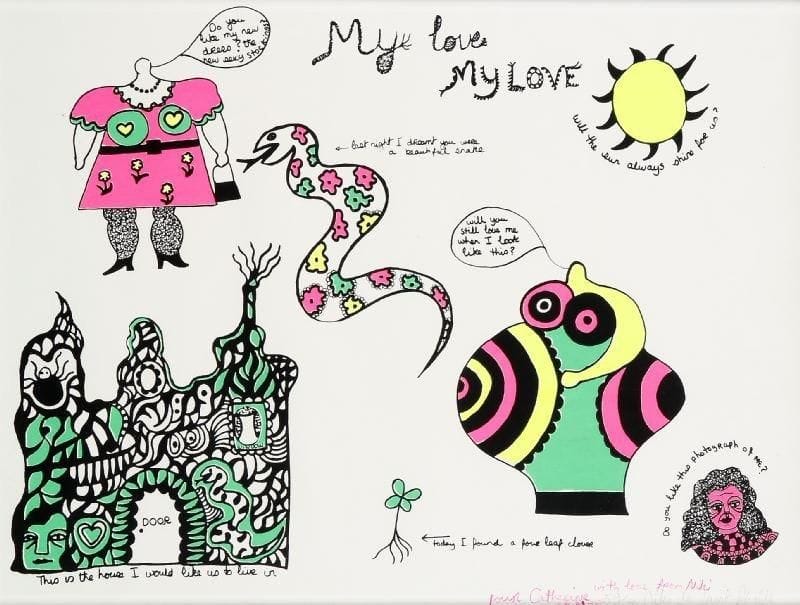 Niki de SAINT-PHALLE (1930-2001)
My love my love, vers 1976 Lithographie. Signée, justifiée sur 100  et dédicacée "pour Catherine et Marc" en bas à droite. 39 x 51 cm 