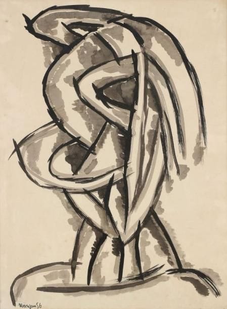 Pinchas Burstein dit Mary MARYAN (1927-1977)
Personnage abstrait, 1956 Encre et lavis d'encre. Signé et daté 56 en bas à gauche. 65 x 50 cm 