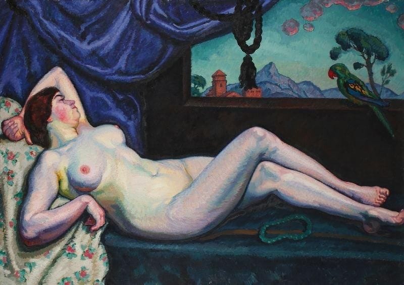 Roger-Maurice GRILLON (1881-1938)
Nu à l'oiseau,  1913 Huile sur toile. Signée en bas à droite. Signée, datée et titrée au dos sur le châssis. 114 x 162 cm 