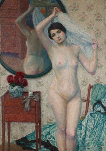 Roger-Maurice GRILLON (1881-1938)
La chemise enlevée. Huile sur toile. Signée en bas à droite. Signée datée et titrée au dos sur le châssis. 114 x 162 cm 