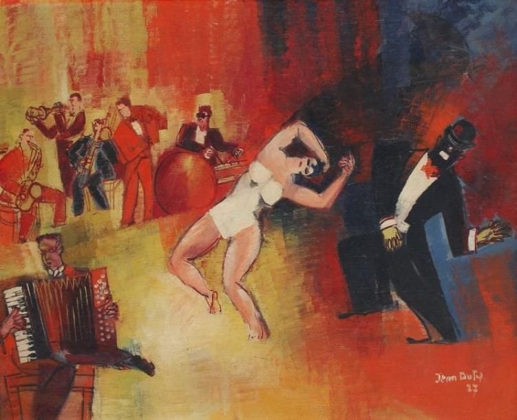 Jean DUFY (1888-1964)
Au music-hall, 1927 Huile sur toile. Signée et datée 27 vers le bas vers la droite. 54 x 65 cm Provenance : Vente Versailles 2 décembre 1973, N° 102 Exposition : Palais de la Méditerranée. Bibliographie : Jean Dufy catalogue raisonné de l'oeuvre par Jacques Bailly, Éditions Jacques Bailly, Paris, 2010, reproduit page 69 et décrit et reproduit page 301 sous le N° B.1348, volume II. 