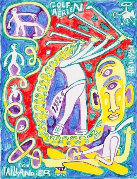 Yvon TAILLANDIER (né en 1926)
Le golf aérien, 1992 Acrylique sur papier. Signée en bas à gauche, titrée en haut au milieu et datée dans le sujet. 65 x 50 cm 