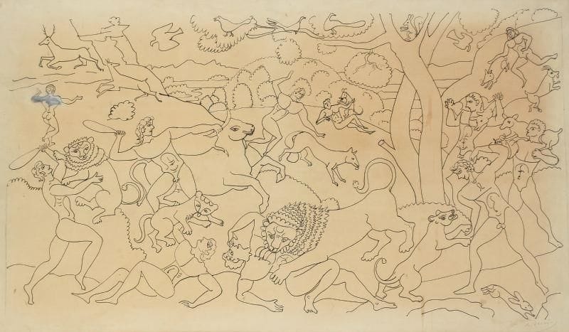 André DERAIN (1880-1954)
Etude pour tapisserie, vers 1935 Encre de chine sur papier calque contrecollé sur toile. Signée en bas à droite. 76 x 130 cm Provenance : Collection Jacques et Liliane Mourlot.