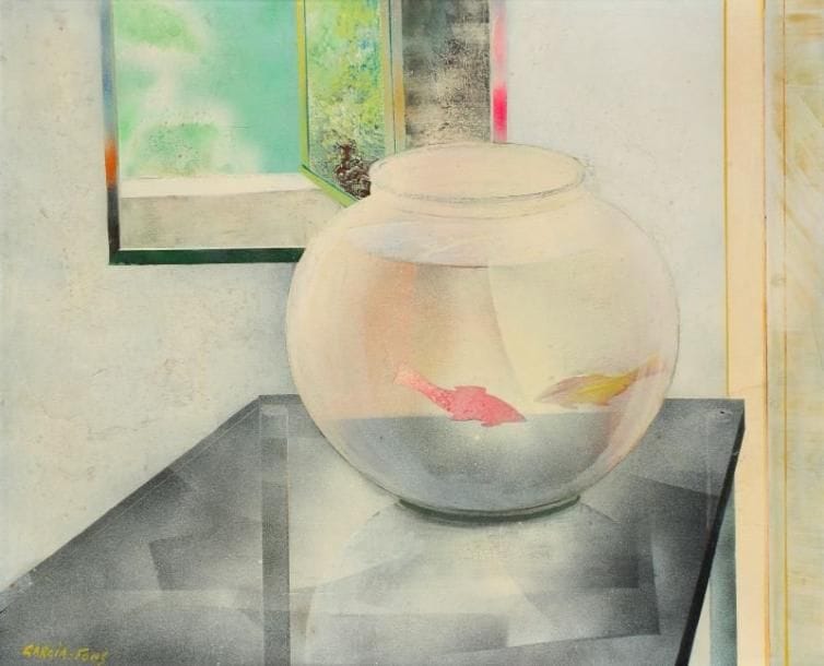 Pierre GARCIA-FONS (né en 1928)
Aquarium-table de verre Huile sur toile. Signée en bas à gauche. Signé et titré au dos. 60 x 73 cm Provenance : Collection Jacques et Liliane Mourlot. 