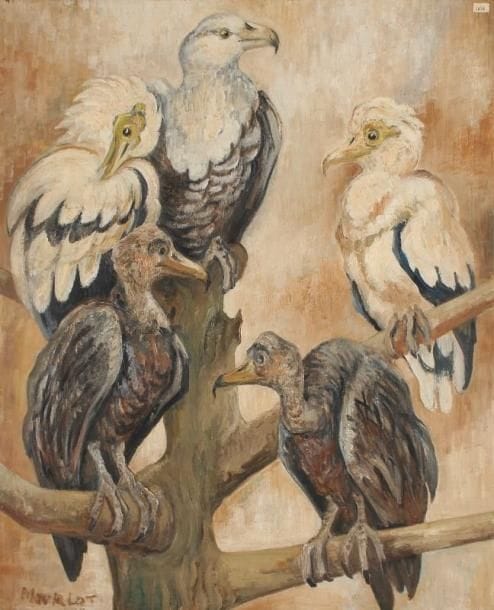 Maurice MOURLOT (1906-1983)
Les rapaces Huile sur toile. Signée en bas à gauche. Petite déchirure. 100 x 81 cm Provenance : Collection Jacques et Liliane Mourlot. 