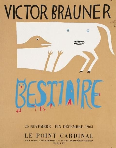 Victor BRAUNER (1903-1966)
Bestiaire / 20 novembre-fin décembre 1963. Affiche pour Le Point Cardinal Sérigraphie en couleurs. Trous de punaises dans les angles. Petites salissures au bord droit. 64 x 51 cm 
