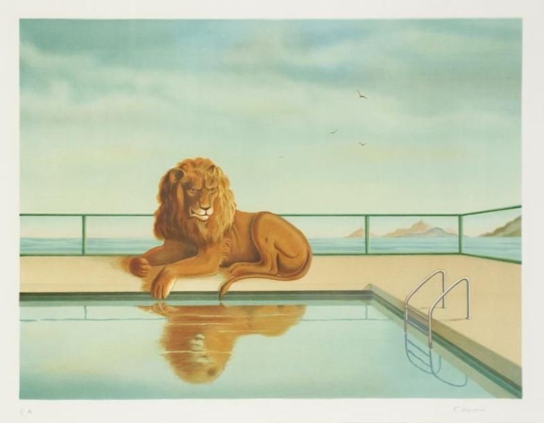 Françoise HOUSSIN (né en 1948)
Lion au bord de la piscine Huile sur toile. Signée en bas à droite. On y joint la lithographie du même sujet. 43 x 55 cm 