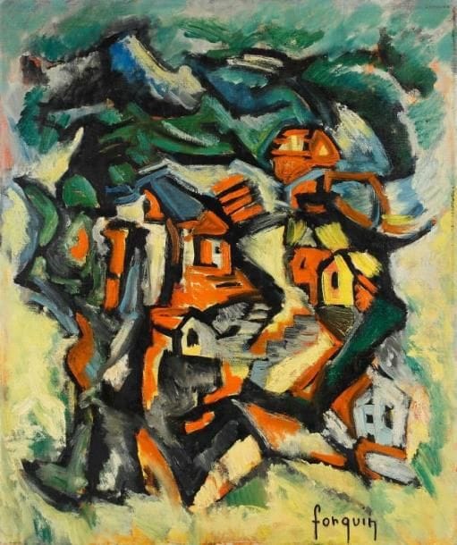 Jean-Claude FORQUIN (1936-1963)
En contournant un arbre, 1962 Huile sur toile. Signée en bas à droite. Signée, datée et titrée au dos. 54 x 46 cm Provenance : Collection Jacques et Liliane Mourlot. 