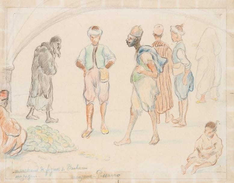 Georges MANZANA-PISSARRO (1871-1961)
Marchands de figues de Barbarie Dessin au crayon noir et crayons de couleur Signé en bas vers le milieu et titrée en bas à gauche. 21 x 26.50 cm 