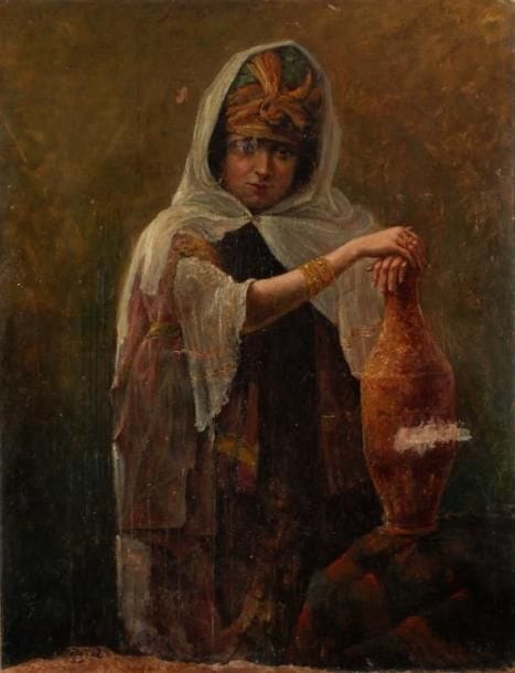 ECOLE ORIENTALISTE
Femme à la cruche Huile sur toile. Accidents, rentoilage et manques. 116 x 89 cm 