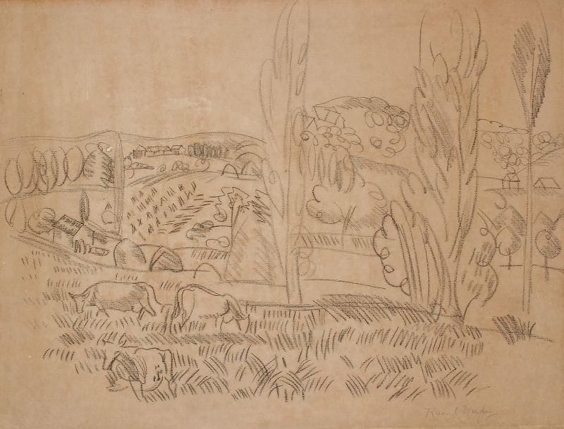 Raoul DUFY (1877 - 1953)
Vaches au prés  Dessin au crayon noir, signé en bas vers la droite (collé sur les bords) 45,5 x 59,5 cm Provenance :Ancienne collection Jules Cavaillès