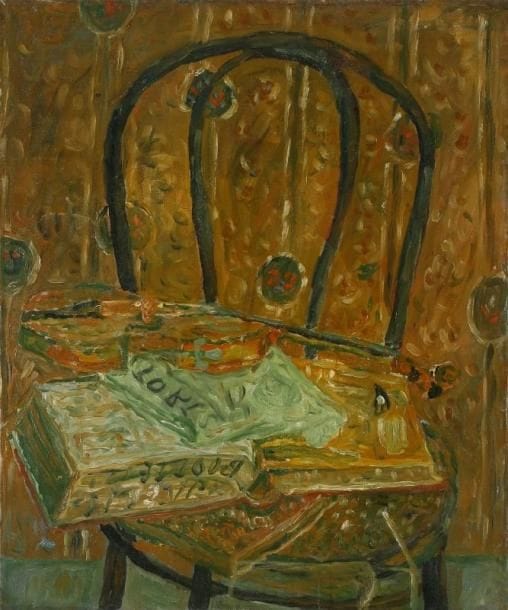Jean POUGNY Iwan Puni dit (1892 - 1956)
Chaise aux bottins, 1929, 1930 Huile sur toile  B.E TO Provenance :Ancienne collection Jules Cavaillès  Expositions: - Pougny, musée National d'Art Moderne, Paris, 24 janvier - 23 février  1958, N° 10 du catalogue - Pougny, musée d'Art et d'Industrie de Saint-Etienne, octobre - novembre 1958 N° 10 de l'exposition. - Pougny, Kunsthaus, Zurich, 23 avril - 29 mai 1960 N° 18 du catalogue - Pougny, Galerie Charpentier, Paris, 12 décembre 1961 - 28 février 1962 N° 29 du catalogue  - Pougny, Galleria Civica d'Arte Moderna, Turin, 22 novembre 1962 - 13 janvier 1963 N° 36 du catalogue  Bibliographie: - Pougny, catalogue, Paris - Côte d'Azur, 1924 - 1956, peintures par Herman Berninger Editions, Ernst Wasmuth, Tübingen, 1992, décrit et reproduit page 118 et 119 sous le N° 404 tome II  Répertoriée dans les archives Pougny sous le N° 435 - 242 A 65 x 54 cm