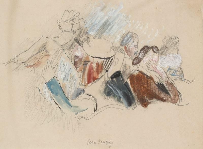 Jean POUGNY Iwan Puni dit (1892-1956)
Au café, la lecture du journal Gouache sur traits de crayon, signé en bas au milieu (collée en plein)  29 x 40 cm Provenance :Ancienne collection Jules Cavaillès