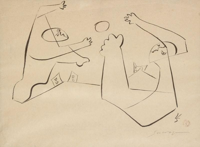 Léopold SURVAGE (1879-1968)
Deux personnages jouant au ballon Encre. Monogrammée, signé au crayon et cachet d'atelier en bas à droite. Plis oblique dans le coin supérieur gauche et deux petites déchirures. 20 x 26 cm 