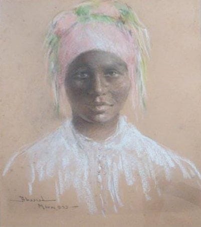 Carlos ABASCAL
Portrait de jeune africaine au turban rose et vert, 1923 Pastel. Signé, situé au Maroc et daté en bas à gauche. (Taches). 47 x 37 cm (à vue). 