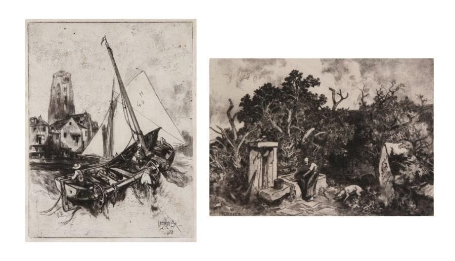 Adolphe HERVIER (1818-1879)
Bateau de pêche H 40. 1854  Femme puisant de l'eau dans un abreuvoir, 1875. Eau-forte et roulette. Formats divers. Joint: B.-J. Baron. Le Chevrier. 1828. Eau-forte. 11.5 x 16 cm. Ens. 4 p. 