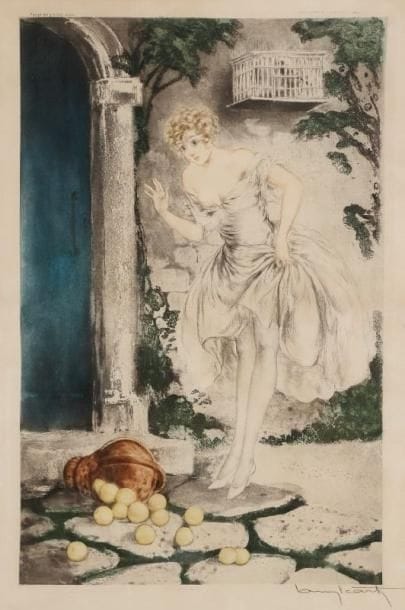 Louis ICART (1888-1950)
Jeune fille au panier d'oranges. Eau-forte et aquatinte. Signée en bas à droite. 52 x 34 cm. 