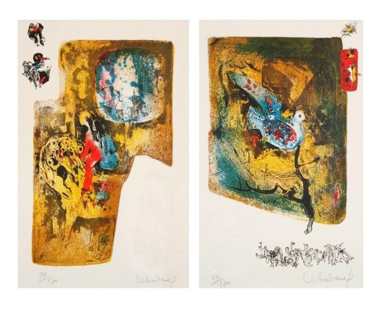 Dang LEBADANG (né en 1921)
Oiseau et personnages à cheval. Deux lithographies. Signées en bas à droite et justifiées sur 170 en bas à gauche. 37.50 x 25 cm. 