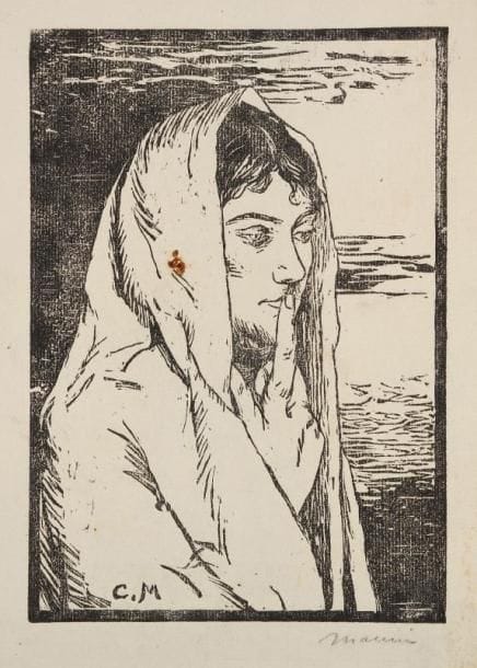 Charles MAURIN (1856-1914)
Femme en buste, un doigt sur les lèvres. Bois gravé. Signé en bas à droite. Tâche brune dans le sujet. Reste d'onglet et menus accidents aux bords du feuillet. 23.50 x 16.50 cm. 